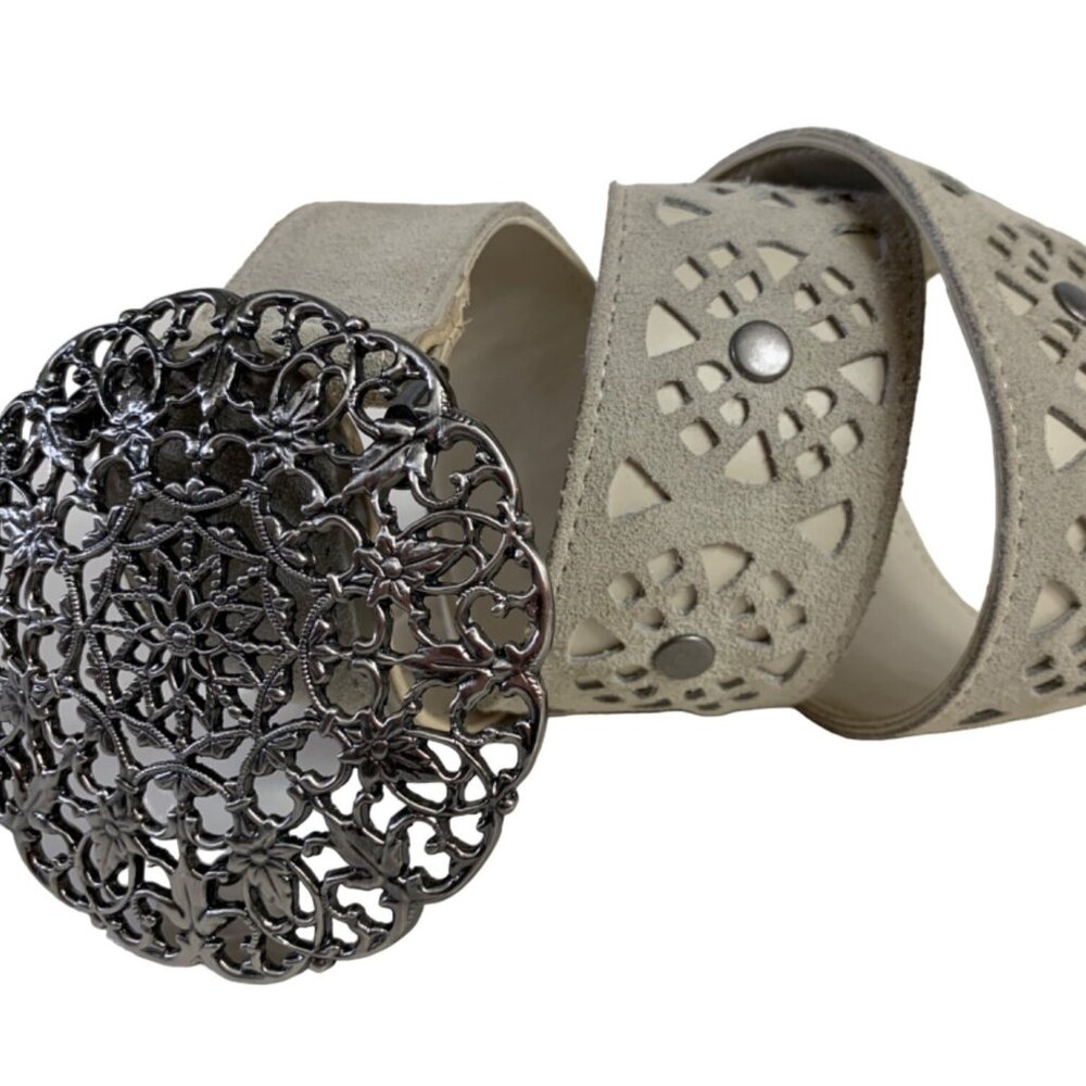 90s Taupe Leather Belt Size S Intricate Laser Cut Out Ornate Silver Buckle VTG